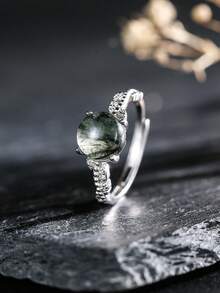 Solid 925 Silver Ring 8mm Round Green Rutilated Quartz Natural Crystal Adjustable Vintage Style Statement Bands For Women Jewelry Boho Gift