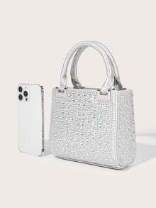 高品质奢华缎面迷你水钻装饰手拿包，优雅晚宴手提包，适合搭配正式礼服、婚礼、派对、约会和日常使用。 - 銀色 - 查看 6