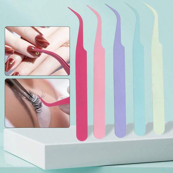 5-Piece Fashion Professional Multi-Function Eyelash Tweezers Set - Curved Tip & Stainless Steel, For DIY Lash Extensions & False Lashes, Perfect For Home/Travel Use (Ideal Gift For Makeup Enthusiasts)