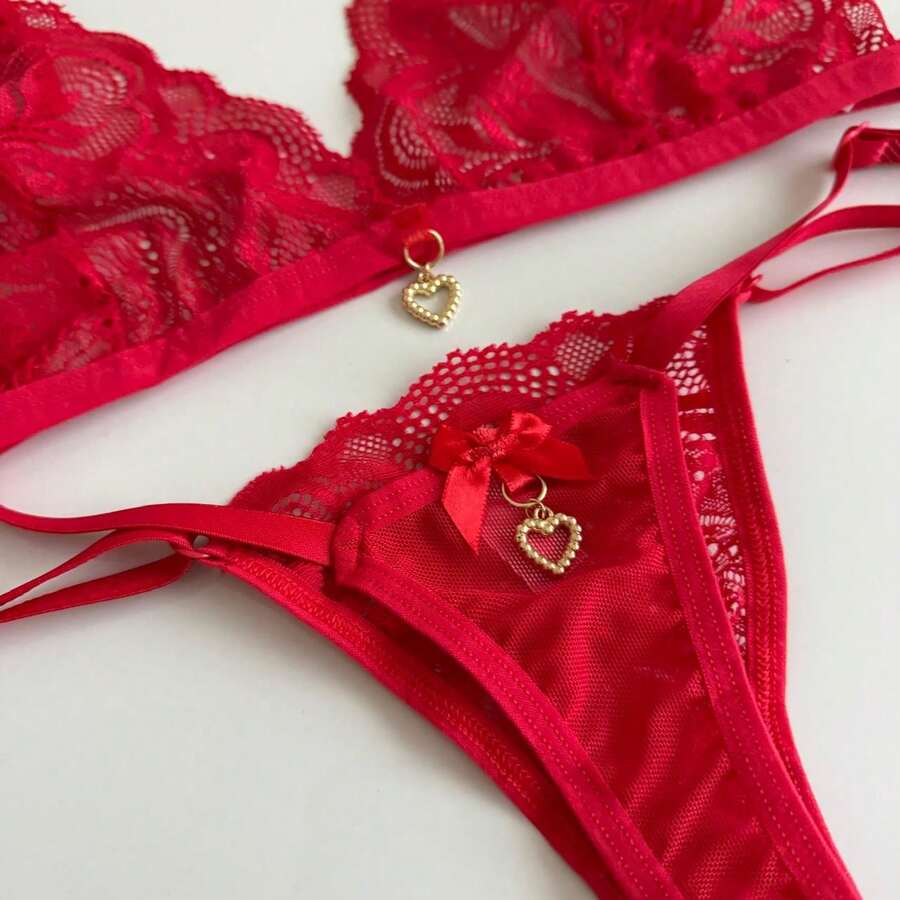 Sexy Backless Set With Pendant Detail And Thong - 紅色 - 查看 1
