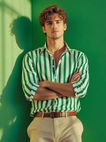 Men's Striped Print Button Front Casual Long Sleeve Shirt, Fall, For Christmas - Green - View 8