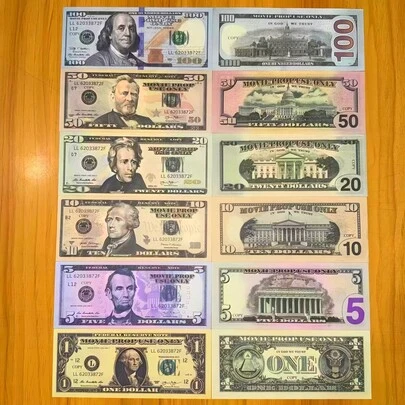 100 件假钱，8 种不同的美元样式 - 逼真的美元货币适用于活动、派对、婚礼和教育目的 - 包括 $100、$50、$20、$10、$5、$1、$0.25 和 $0.10 - 非常适合电影道具、派对钱和礼物、活动道具 | 逼真的货币 | 详细设计，货币道具，非常适合房间装饰
