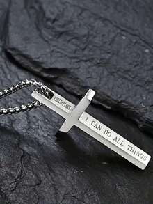1pc Fashion Stainless Steel Cross Pendant Necklace With Slogan I Can Do All Thins Motivational Encouragement Necklace For Everyday Use Holiday Jewellery - 口號十字架項鍊 - 查看 9