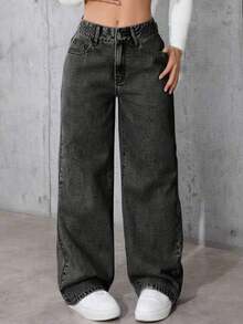 Teen Girl Pocketed Fashionable Versatile Black Wide-Leg Jeans - Black - View 2