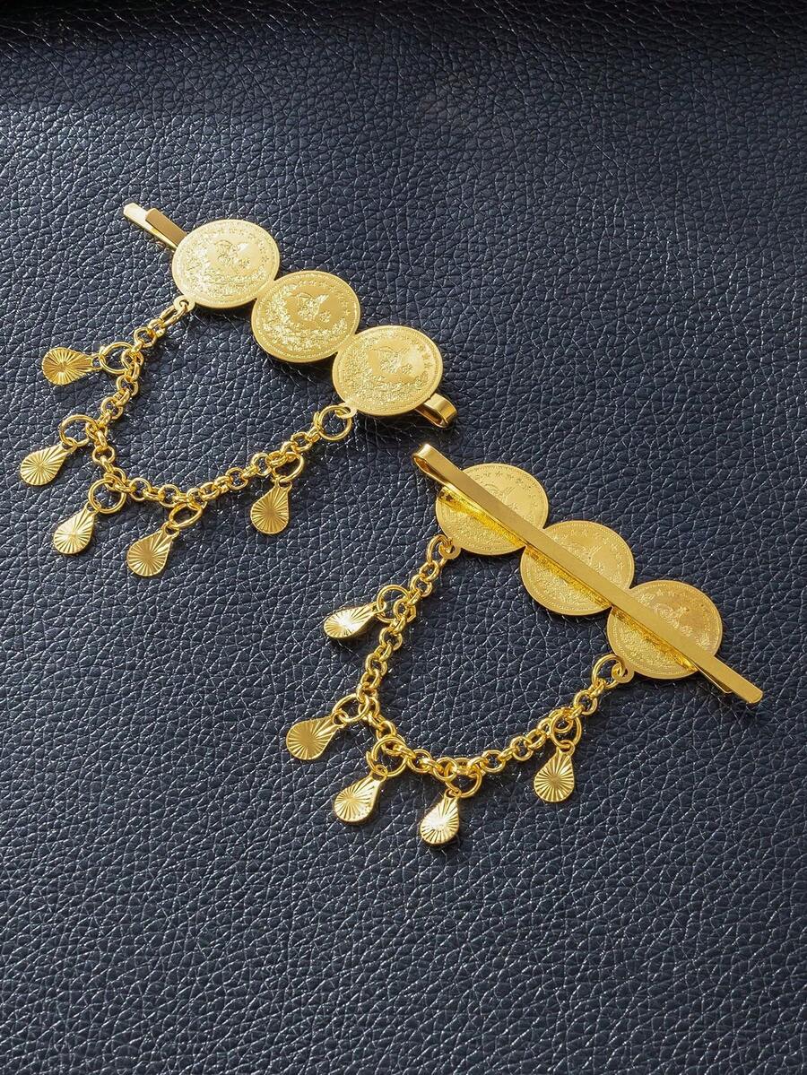1 Pair Arabic Wedding Jewelry Hair Accessories Hairclips, Bridal Gift, Gold Plated Coin Hair Clips For Women - Gold - View 1