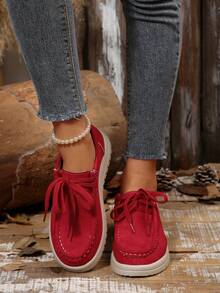 Women's Autumn New Suede Lace-Up Fashion Shoes, Slip-On Comfortable Versatile Casual Sneakers - Red - View 5