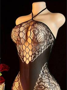 情趣内衣挂脖吊带大开裆免脱镂空渔网网衣丝袜诱惑挑逗黑丝撩人情人节新款性感连体衣打造露胸紧身衣 - 彩色 - 查看 6