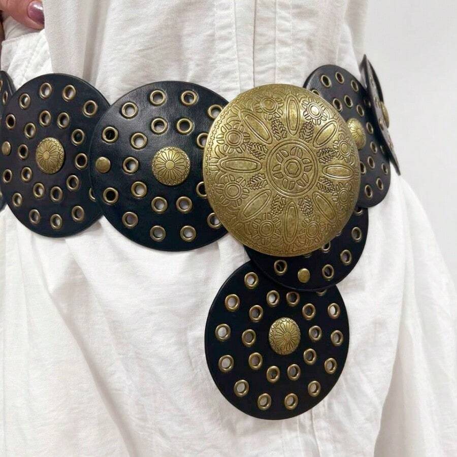 1pc Women Y2K Style Round Metal Hollow Waist Belt, Wide Cut, American Retro Subculture Street Fashion Chain Belt, Bohemian Circle Waist Belt For Dress, Suitable For Women's Party, Daily Wear, Christmas, Thanksgiving Gift, Plus Size Summer, School