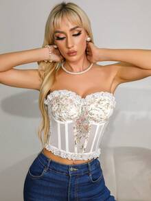 White Strapless Underwire Boned Crop Top - Women's Ditsy Floral Lace Trim Everyday Slimming - trắng - Xem 4