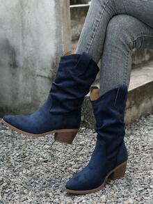 Fall/Winter Western Style Stacked Cowboy Boots For Women, Pointed Toe Long Shaft Vintage Riding Boots, Wrinkled Short Boots