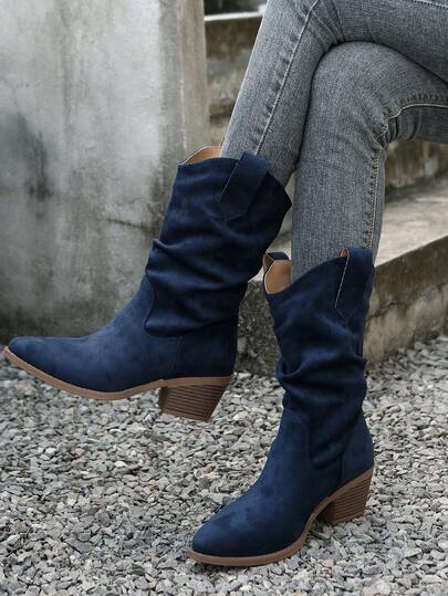 Fall/Winter Western Style Stacked Cowboy Boots For Women, Pointed Toe Long Shaft Vintage Riding Boots, Wrinkled Short Boots