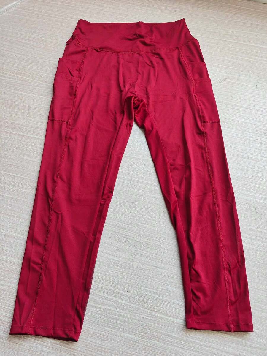 1 pieza Pantalón de yoga color vino tinto talla grande, ropa exterior para primavera, verano, otoño e invierno, con 4 bolsillos, diseño frontal sin molestias, cintura de doble capa para estilizar