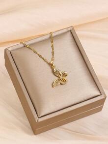 1 pieza Collar de acero inoxidable con colgante de mariposa, estilo dulce y sencillo, al estilo de Europa y América, adecuado para niñas, niños, familia y amigos, para decoración diaria, accesorios para fiestas en la playa, vacaciones y regreso a la escuela, regalo de joyería fina - Dorado - Ver 4