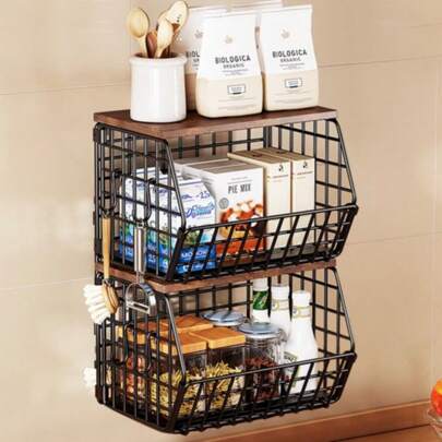 2 Pack Metal Fruit Baskets Wall Holder Storage Basket Organizer Shelf For Fruit