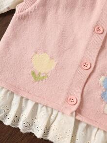 WUHUANG YIYI Baby GirlCute Floral Pattern Lace Trim Knit Cardigan With 3D Bow Decor, Suitable For Autumn/Winter - Baby Pink - View 7