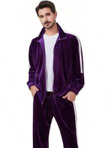 2025 Best Mens Tracksuit 2 Piece Velour Sweatsuit Men Casual Full Zip Jogging Suit Pants Set - 紫色 - 查看 10