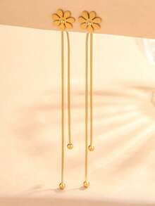 1 对时尚可爱的雏菊花流苏不锈钢耳钉，适合女性日常佩戴或节日/派对场合 - 金黃色 - 查看 3