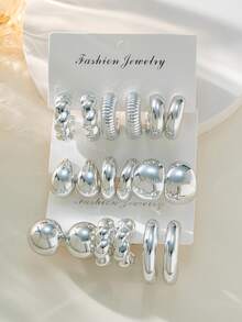 2-6-18pcs/Set Fashionable Silver Geometric Twist C-Shape Teardrop Hoop Earrings Set, Versatile Stoned-Free Earrings For Daily Wear And Gift