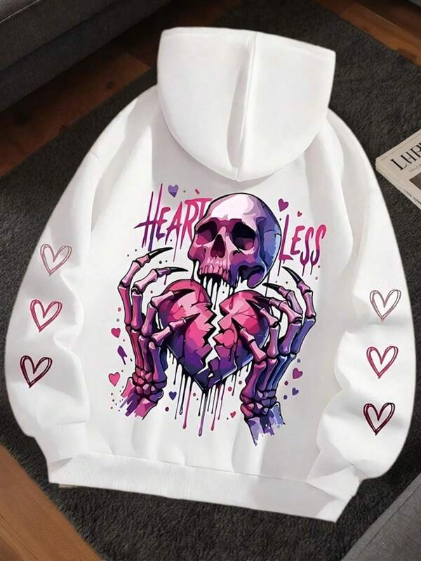 Sudadera con capucha con gráfico de calavera navideña para mujer, sudadera de manga larga de poliéster de largo regular, ropa deportiva de otoño/invierno