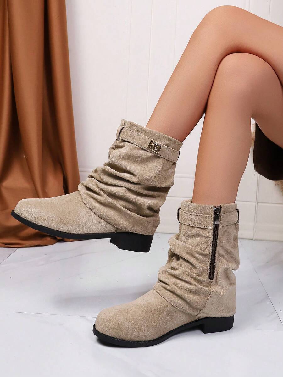 2025 Western Ruched Ankle Boots For Women, Autumn/Winter Vintage Cowboy Riding Boots With Buckle, Holiday Style - Màu be - Xem 1