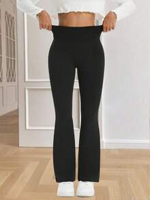 Trioutop 女式高腰喇叭紧身裤，柔软弹力瑜伽裤，修身收腹，休闲运动休闲裤 - 黑色 - 查看 5