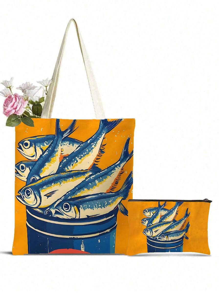 1件装女士可重复使用手提袋、手提包和化妆包套装 - 彩色简约粉绿条纹沙丁鱼罐头印花涤纶购物袋，固定肩带设计，适合海滩、野餐、购物和食品储存，可折叠手提袋，多功能