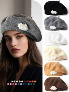 1pc Women Colorful Bow Flower Wool Solid Color Beret Hat, Casual Versatile