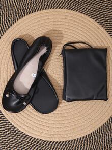 四季新款轻盈赤足软底蝴蝶结装饰多功能芭蕾平底鞋，可折叠套穿式室内/舞蹈鞋，女士款，附赠配套收纳袋 - 黑色 - 查看 4