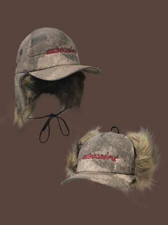 1pc Women's Baseball Cap, Fashion Y Letter Embroidered Hat, Reversible High-End Design, Vintage Faux Fur Ear Protection, Thickened Corduroy Warm Snapback, Unisex Versatile Style