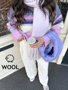 森雅秋冬新款女装休闲时尚撞色条纹圆领长袖针织衫宽松休闲简约百搭日常办公通勤落肩套头衫毕业返校约会套头衫 - 紫色 - 查看 1