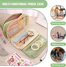 Estuche para Lápices de Gran Capacidad,Cartucheras Escolares,con 2 Notas Autoadhesivas,Estuche de Lápices con Compartimento Expandible,Organizador de Papelería para el Trabajo de Oficina Escolar - VERDE - Ver 3