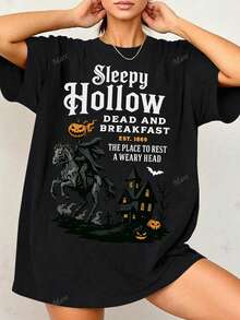 Sleepy Hollow Dead And Breakfast Est.1869 The Place To Rest A Weary Head Halloween Clothes, Nightmare Before Christmas Oversized Women's Casual Loose Fit Round Neck Short Sleeve T-Shirt - Black - View 1