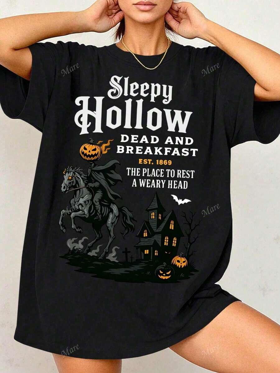 Sleepy Hollow Dead And Breakfast Est.1869 The Place To Rest A Weary Head Halloween Clothes, Nightmare Before Christmas Oversized Women's Casual Loose Fit Round Neck Short Sleeve T-Shirt - Black - View 1