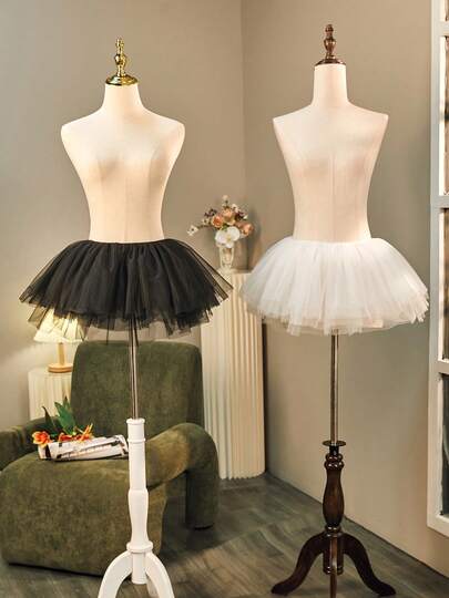 1pc Women's White/Black Fluffy Tutu Skirt, Asymmetrical Multi-Layer Soft Net Waistless Skirt, Princess Skirt, Puff Skirt, Multi-Layer Tulle Skirt, Boneless Skirt Suitable For Wedding, Party, Performance, Dance, Cosplay, Holiday Events