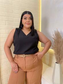 RAINBOW Plain Tank Top Sleeveless Blouse Plain Creppinho With 4 Buttons Plus Size G1G2G3 46-52 Casual Women - 62-PRETO - 查看 1