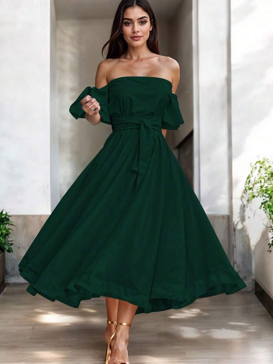 Vestido Midi Hombros Descubiertos Volante Decorativo Cintura Ceñida Falda Acampanada Corte Elegante Silueta Fluida Diseño Moderno Casual Y Elegante Moda Mujer Vestido Clásico