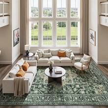 Washable Area Rug 5x7 - Soft Faux-Wool Area Rug Living Room Bedroom, Boho Vintage Floral Medallion Non-Slip Low Pile, Pet Friendly, Blue White - 綠色 黃色 - 查看 4