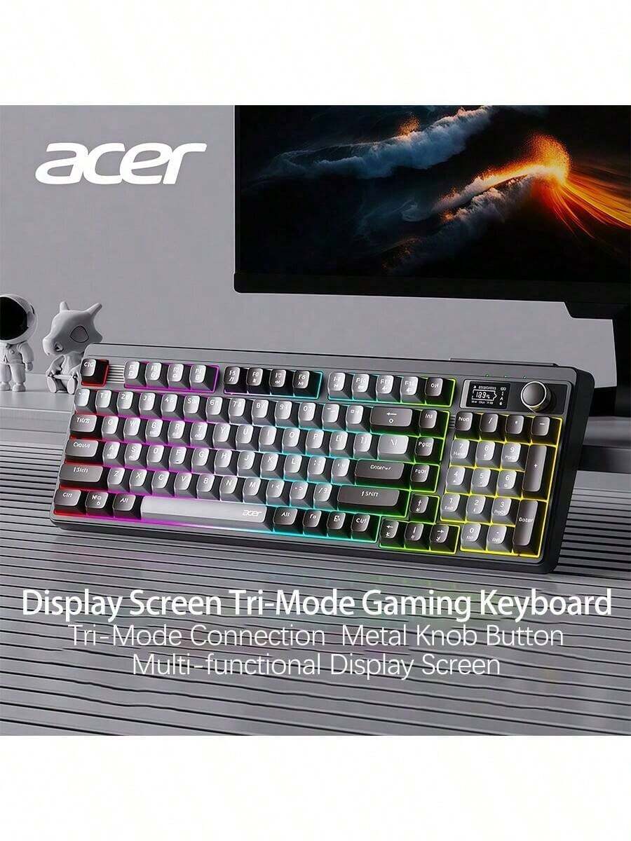 Acer OKW 222 Triple-Mode Keyboard With Smart Battery Display, 90-Key Compact Layout, Soft Tone Buttons, Wired Bluetooth 2.4G, Multi-Function For Office And Gaming, Black - Black - View 1