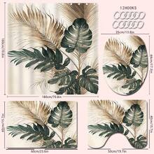 1/4 Stücke Gold & Grün Tropisches Blatt Thema Badezimmer Set, beinhaltet Duschvorhang, Badematte, U-förmige Toilettenmatte, Toilettendeckel-Abdeckung, wasserdichter Duschvorhang, modischer Vorhang für Badezimmerdekoration, moderner Stil Badezimmer Raumteiler Vorhang, ohne Bohren erforderlich, aus Polyester, maschinenwaschbar