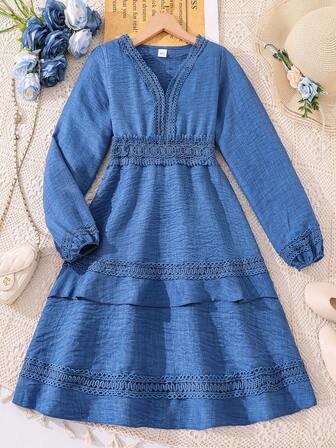 Left Mama 女童优雅休闲蕾丝V领长袖连衣裙，春秋季