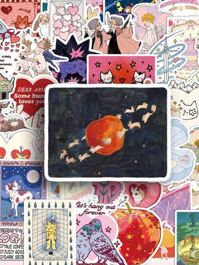 50pcs Cartoon Fantasy Dream Stickers, Cute Retro Aesthetic Sticker Set, Retro Watercolor Fashion Ins Stickers, Scrapbooking Stickers, Waterproof Vinyl Stickers, Bulk, Suitable For Water Bottles, Skateboards, Luggage, Laptops, Bumpers, Theme Party Supplies