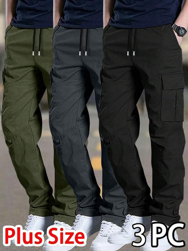 3 piezas Pantalones cargo de unicolor de talla grande para hombres, uso casual diario, transporte, deportes, entrenamiento, correr, fitness al aire libre, estilo callejero, corte holgado, moda minimalista, vacaciones de verano en la playa, pantalones rectos