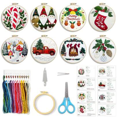 Christmas Embroidery DIY Kit [Bells/Red Truck/Christmas Tree], Includes Embroidery Frame, Needle, Thread, Printed Fabric, Beginner Cross Stitch Set, Christmas Decor Handmade Gift, Limited Time Offer