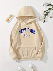 Hoodie Loose Casual Letter Pattern Fleece Drawstring Kangaroo Pocket Hooded Top Loose And Comfortable Winter Clothes For Women Hoodies For Women - màu đen - Xem 9