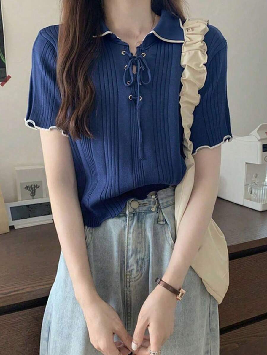 女式修身撞色短袖针织上衣，夏季 - 藍色 - 查看 1
