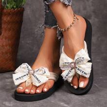 Sandalias de dedo con lazo de encaje de moda para el verano, con decoración de punta abierta y elementos glamorosos de perlas, regalo perfecto para mujeres y niñas