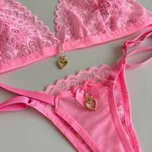 Conjunto Sexy Backless Detalhe Pingente Tanga Fio Dental - Rosa chiclete - Visão 1