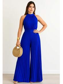 Pleated Jumpsuit Perfect For Parties And Weddings - 寶藍色 - 查看 1