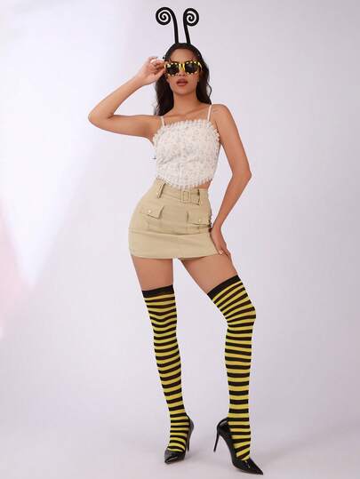 3pcs Cute Bee Costume Accessories Set - Black Ladybug Bee Headband + Antennae Eyes + Patterned Tights, Suitable For Halloween, Costume Parties, Role Play, Holiday Parties