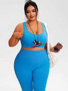 Plus Size Women's Solid Color High Elasticity Comfortable Seamless Sports Set, Camisole Top With Racerback, Leggings, Suitable For Gym, Outdoor Fitness, Yoga